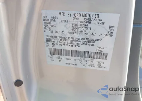 2008 Mercury Mariner Premier from USA, damaged, VIN 4M2CU87128KJ52208